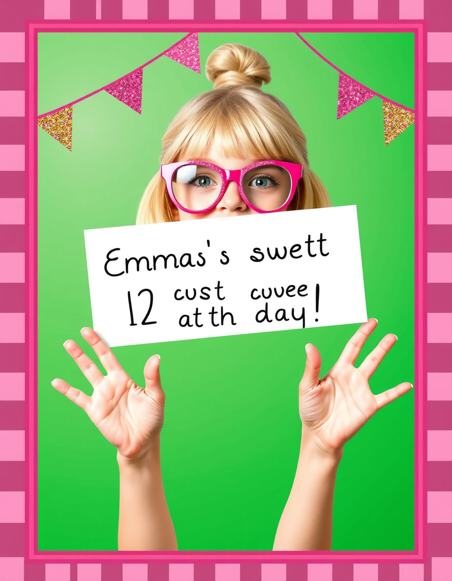 Invitation idea: party invitation design, festive layout, decorative border, space for event details, Birthday party invitation with a girl with blonde hair and pink a