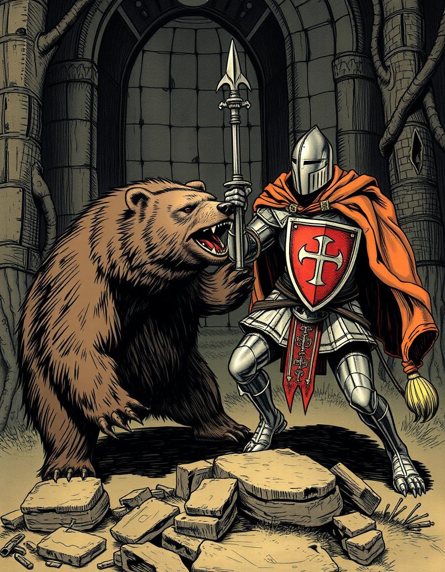 AI Painting prompt example created from the prompt: a bear and wolf defeated by a knight