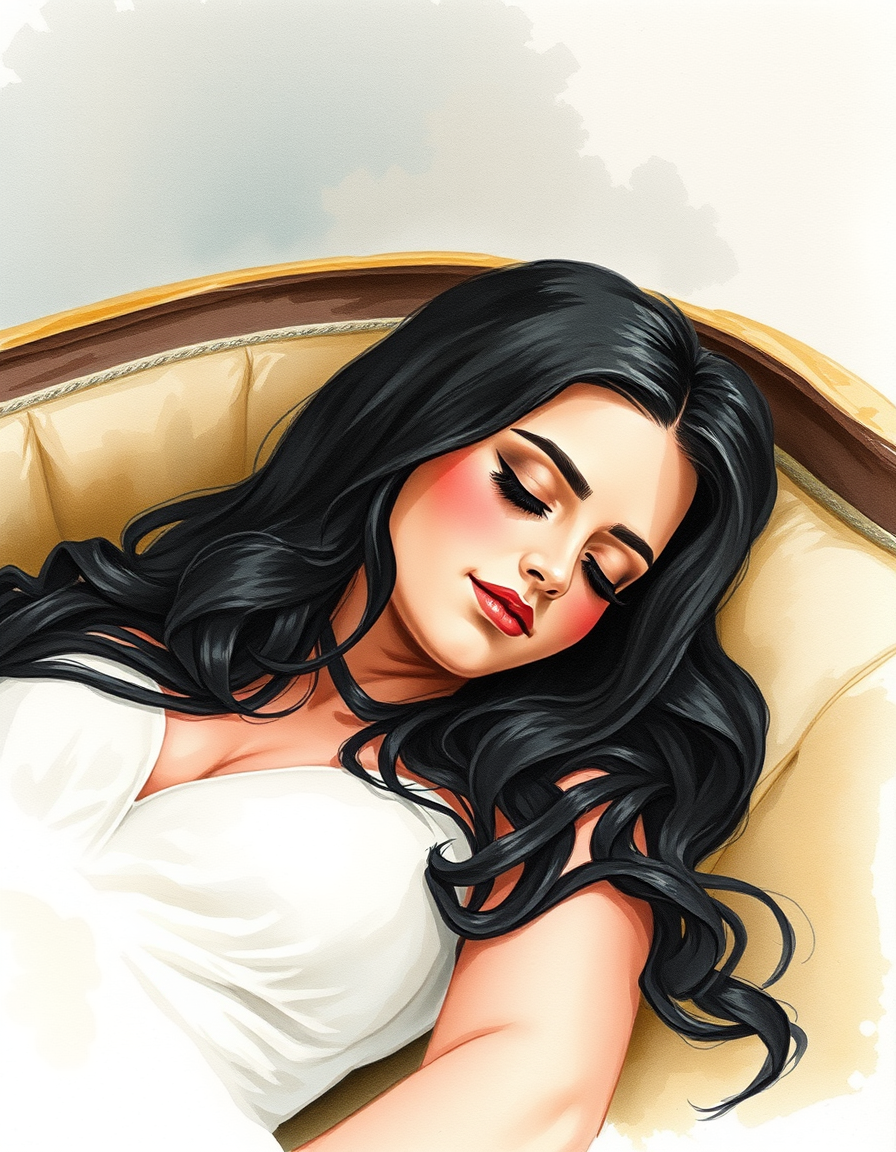Main painting studio: Paint a watercolor of a bride, dressed in white with dark hair, lying down on a settee sleeping