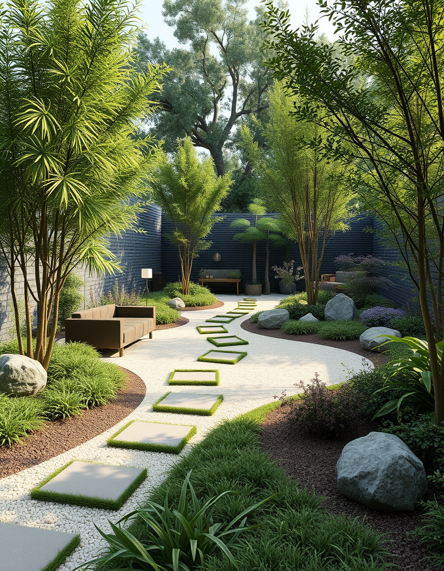 Garden Design idea: AI garden design, lush landscaped yard, plants pathways and seating, photorealistic render, Giardino zen giapponese con sabbia rastrellata, muschio e 