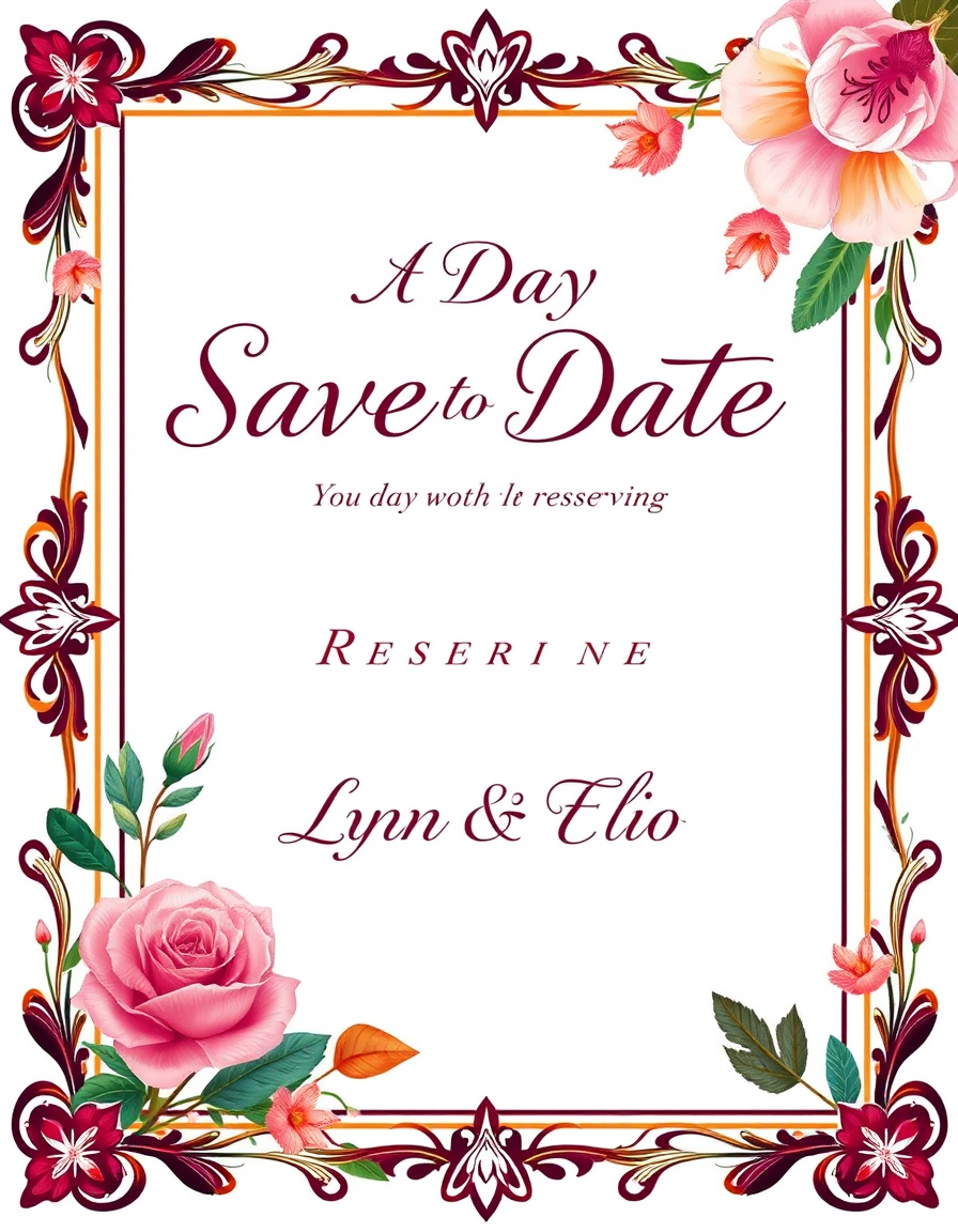 Invitation idea: party invitation design, festive layout, decorative border, space for event details, Create a luxurious wedding Save the Date, artistic and glamorous
