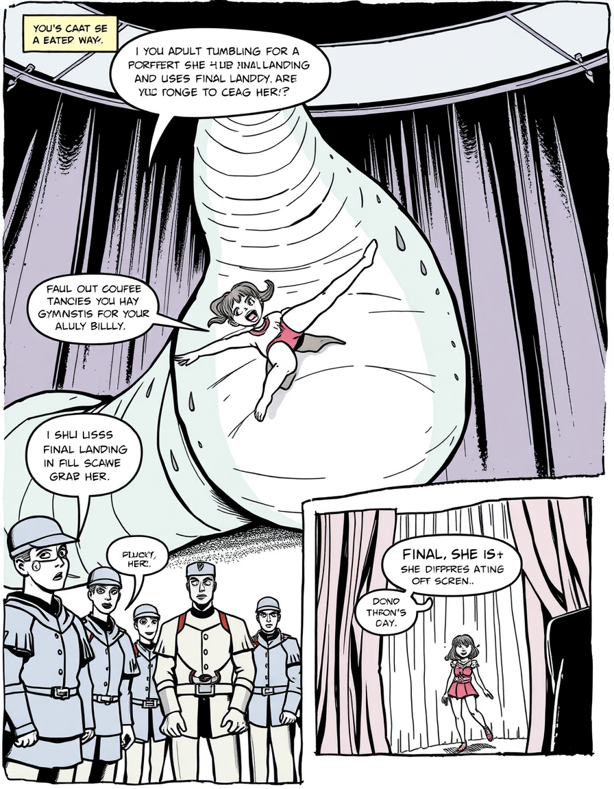 Comic Art idea: comic art, bold ink lines, halftone shading, dynamic composition, Funny 4-panel comic: a young adult gymnast performs tumbling for a huge slug-like al