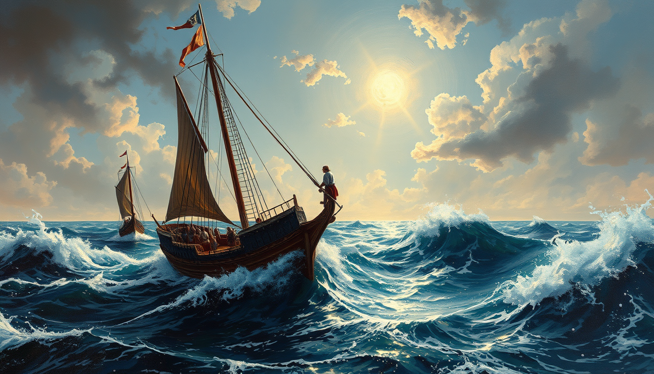 Oil Painting idea created from the prompt: oil painting style, rich textures, brushstrokes, impasto technique, generate a medieval vessel sailing on fierce galloping seas with mighty 