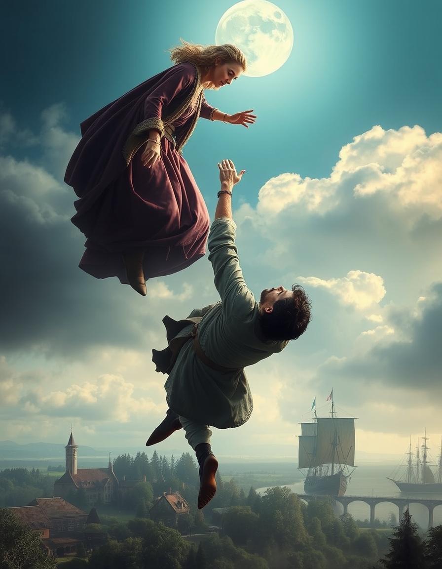 AI Painting prompt example created from the prompt: Create a realistic medieval visual scene showing a man falling through open space while a woman above reaches out to catch his hand. Around 