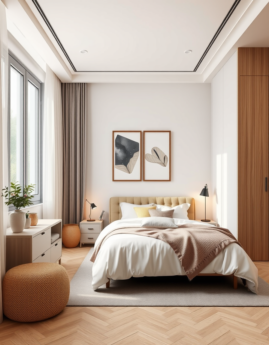 Interior Design idea: AI interior design, cohesive furniture layout decor and lighting, photorealistic interior render, Chambre parentale cocooning moderne simple classe , 