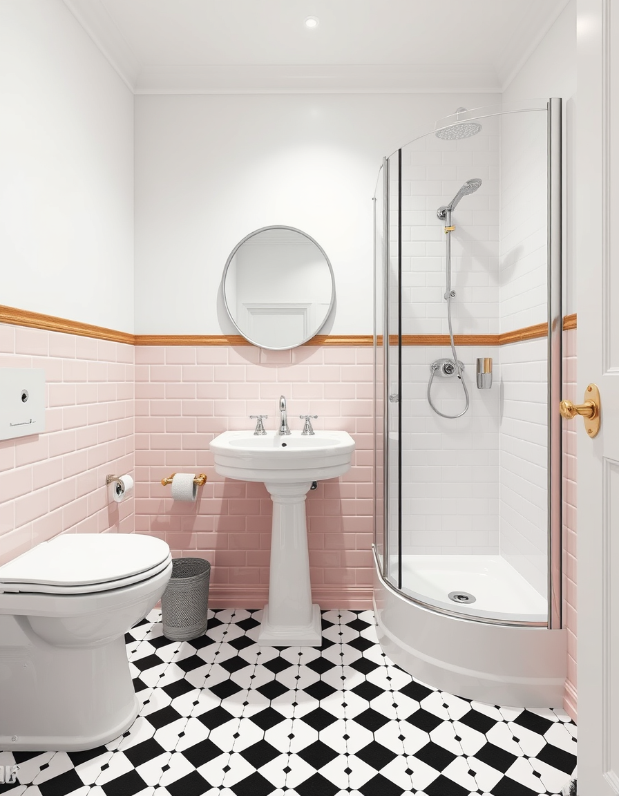 Bathroom Design idea: AI bathroom design, tiled surfaces vanity and fixtures, photorealistic interior render, Small bathroom toilet to the left. sink facing us. shower cubi