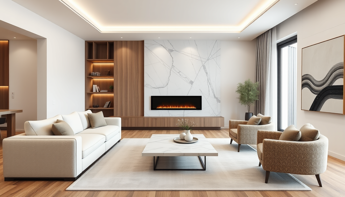 Interior Design idea: AI interior design, cohesive furniture layout decor and lighting, photorealistic interior render, Living room (40 m² open to dining), front view: L-sh