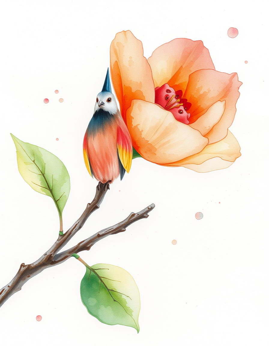 Watercolor idea: watercolor painting, soft transparent washes, wet-on-wet bleeds, paper texture visible, pigne de pin sur une branche , delicate watercolor illustratio