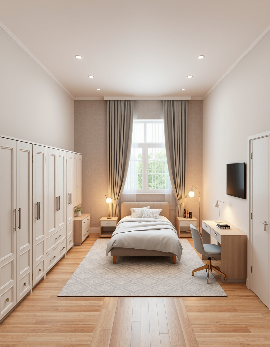 Room Design idea: AI room design, full room layout furniture and lighting, photorealistic interior render, I have a room 3.75 m × 3.40 m. Furniture: wardrobe 200×60 cm,
