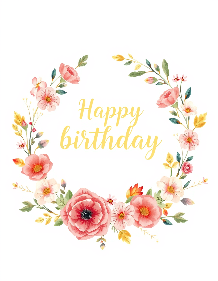 Birthday Cards idea: birthday card design, cheerful festive artwork, space for greeting, elegant floral wreath with gold lettering, botanical illustration , printable birt