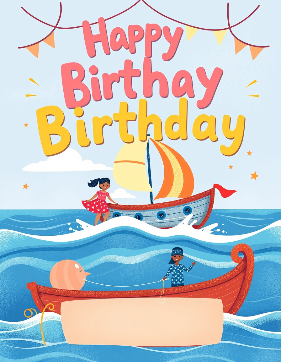 Birthday Cards idea: birthday card design, cheerful festive artwork, space for greeting, birthday party shared by a 4 year old girl and a 55 year old man. Theme should be 