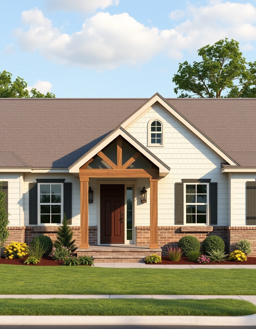 AI House Exterior Design idea created from the prompt: AI house exterior design, facade materials roofline and landscaping, photorealistic render, French farmhouse style manufactured home with as