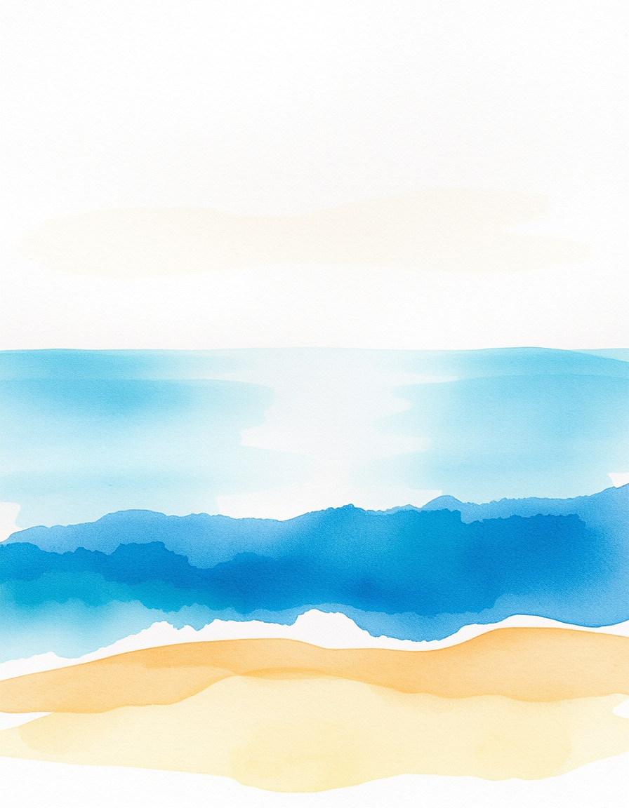 Picture Into Watercolor idea: turn picture into watercolor, transparent washes, paper texture, soft pigment edges, Ein Strandurlaubs-Foto in Aquarell, blasser Sand, türkises Wasser