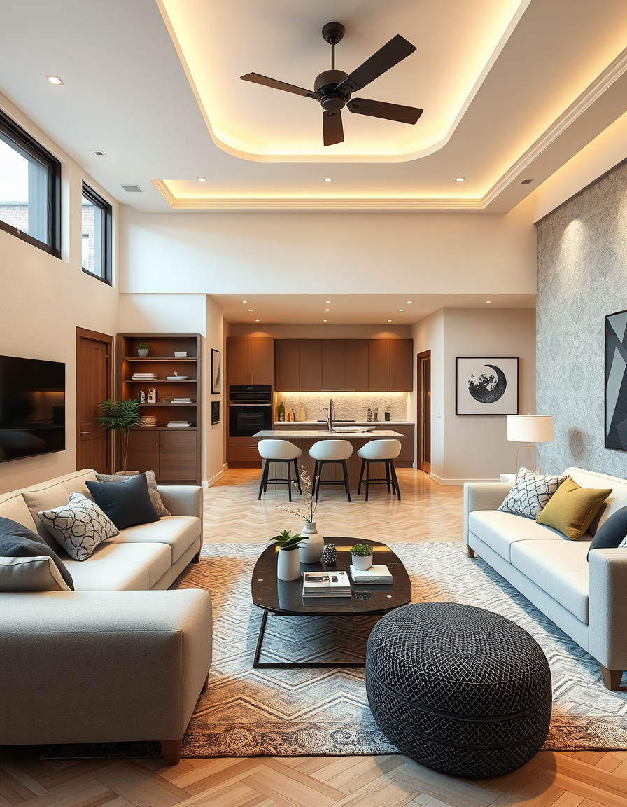 Interior Design idea: AI interior design, cohesive furniture layout decor and lighting, photorealistic interior render, Living room and kitchen in the same room I want to s