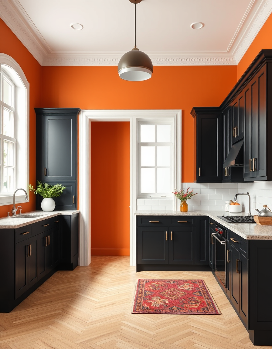 Paint Color idea: room repainted in a new wall color from the photo, accurate paint finish, photorealistic interior render, A kitchen with burnt orange walls and black
