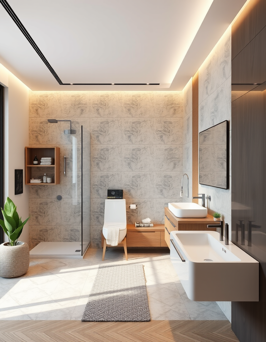 Interior Design idea: AI interior design, cohesive furniture layout decor and lighting, photorealistic interior render, Zaproponuj aranżację do łazienki 287 cm na 195 cm. Ł