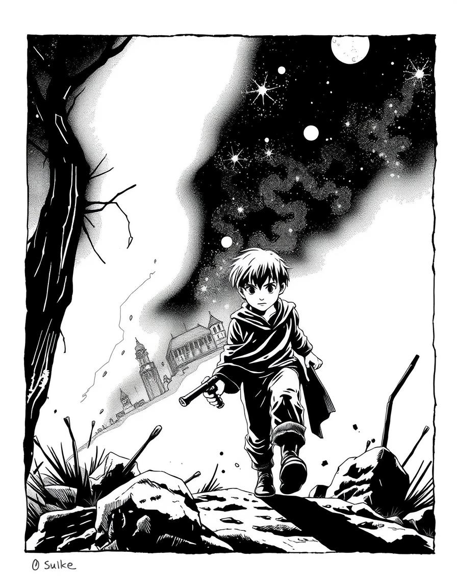 Comic Art idea: comic art, bold ink lines, halftone shading, dynamic composition, UN NIÑO CAMINANDO SOLO EN EL NOCHE TODO QUE ESTE OSCURO Y TENEBLOSO , graphic novel