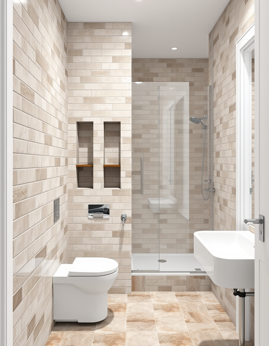 Bathroom Design idea: AI bathroom design, tiled surfaces vanity and fixtures, photorealistic interior render, Design a modern bathroom measuring 2.60 × 2.15 meters. The ent