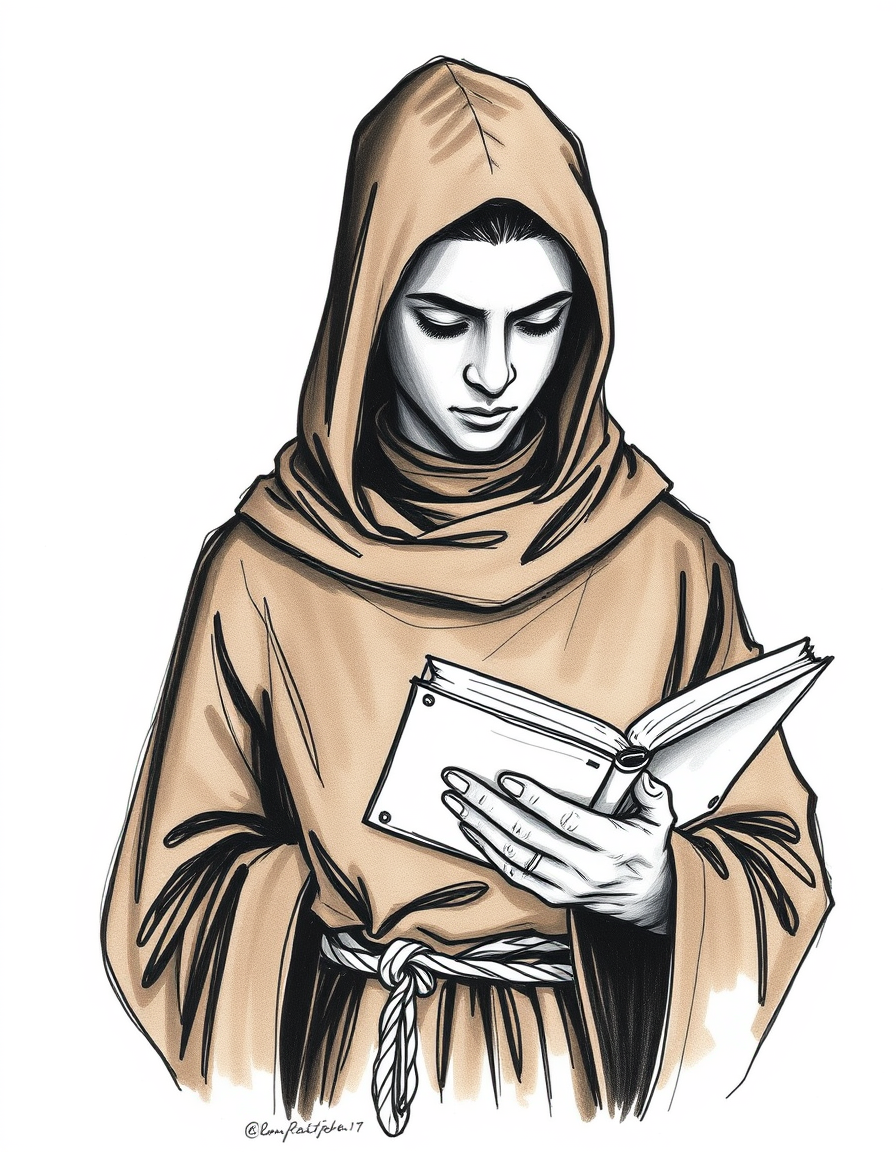 Charcoal Drawings idea: charcoal drawing, high contrast, sketchy lines, dramatic shadows, "Young Capuchin friar in simple brown habit with hood, minimalist line art style, bl