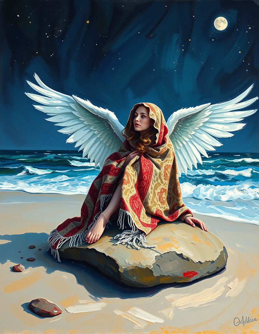 Photo To Paintings idea: painting from the photo, rich brushstrokes, painterly texture, Angle on flat rock on ocean beach with a blanket around her covering her wings halfway 