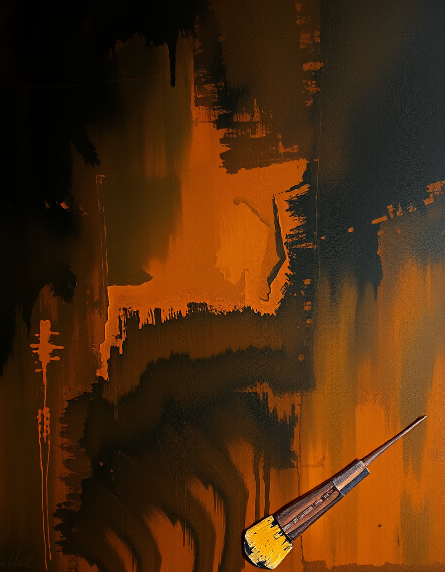 Main painting studio: A cinematic, hand-painted acrylic artwork for a MacBook wallpaper. Thick textured paint, bold palette-knife strokes, visible brush marks, layered pigm