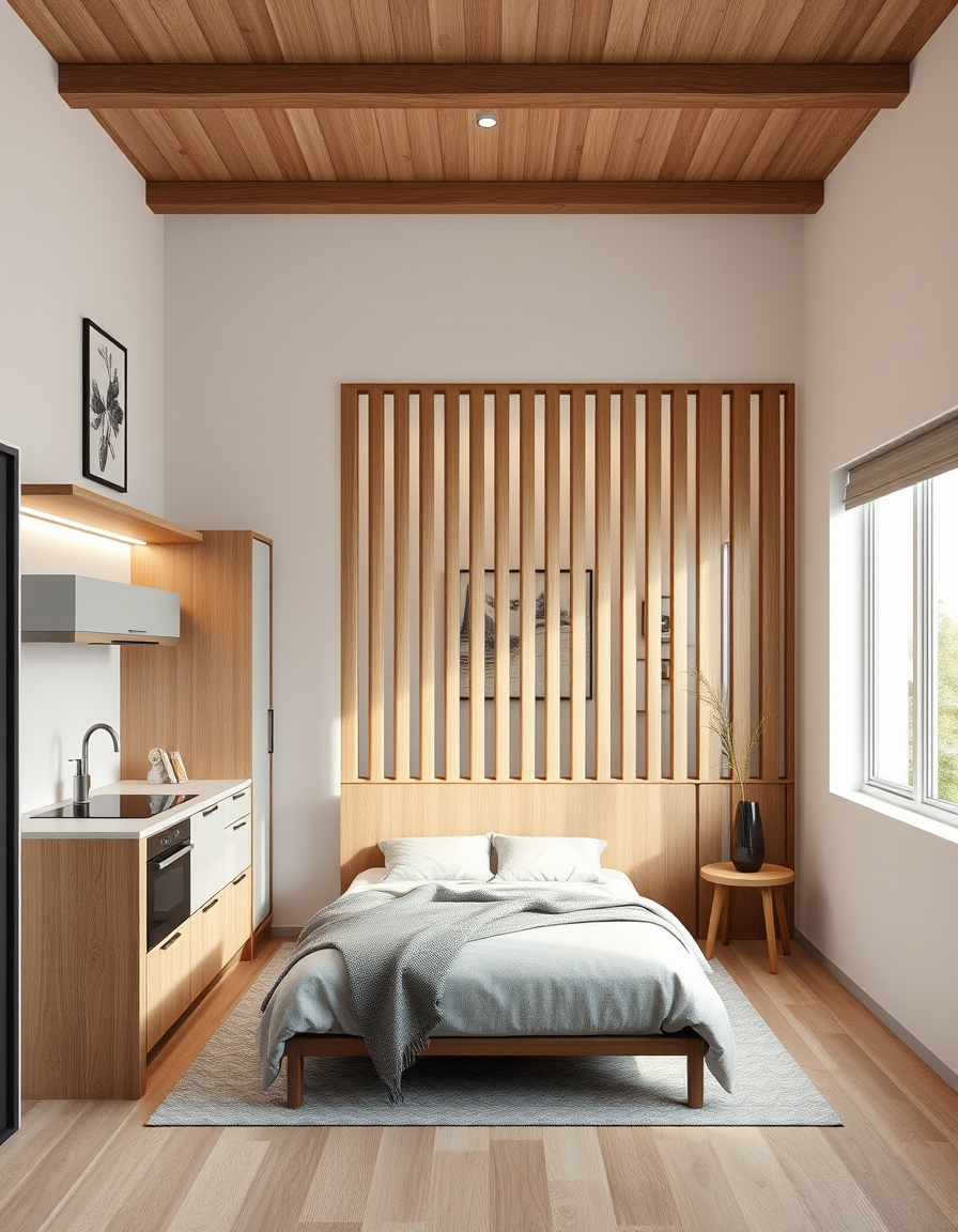 Room Design idea: AI room design, full room layout furniture and lighting, photorealistic interior render, Design a 15m × 4m narrow room with a modern kitchen and a pri