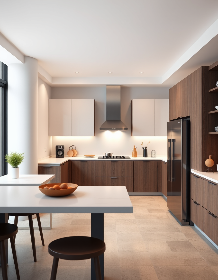 AI Kitchen Design idea created from the prompt: AI kitchen design, modern cabinetry countertops and lighting, photorealistic interior render, Kitchen with minimal cabinets. The wall facing