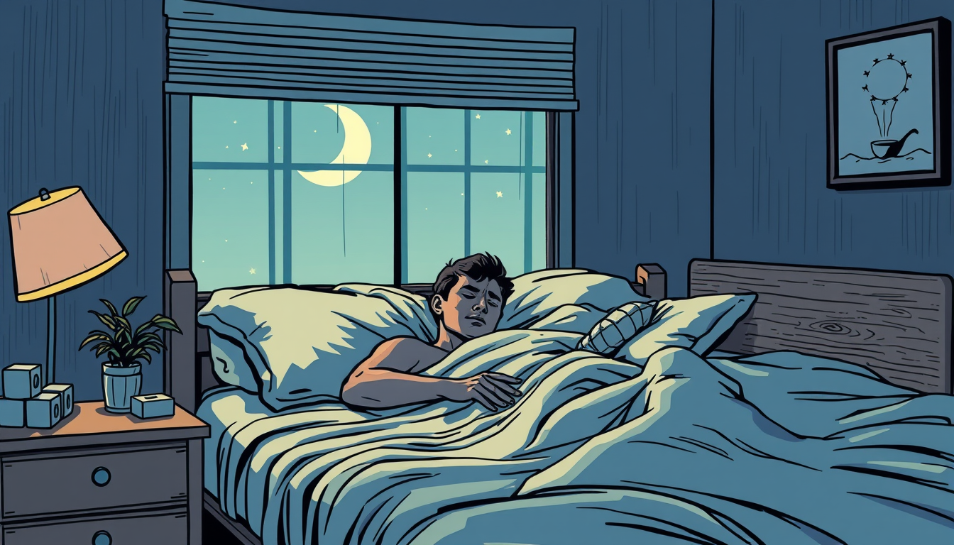 Main painting studio: Draw an image in dc comic art stylr in which a man is sleeping in his bed in his room. It should be a night time