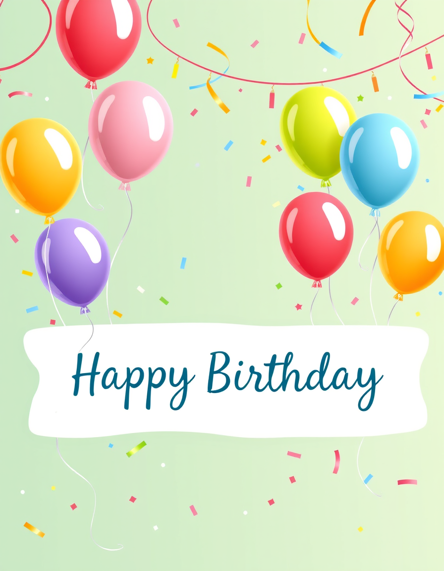 Birthday Cards idea: birthday card design, cheerful festive artwork, space for greeting, bunte Luftballons und Konfetti, Aquarell-Stil, fröhlich und festlich , printable b