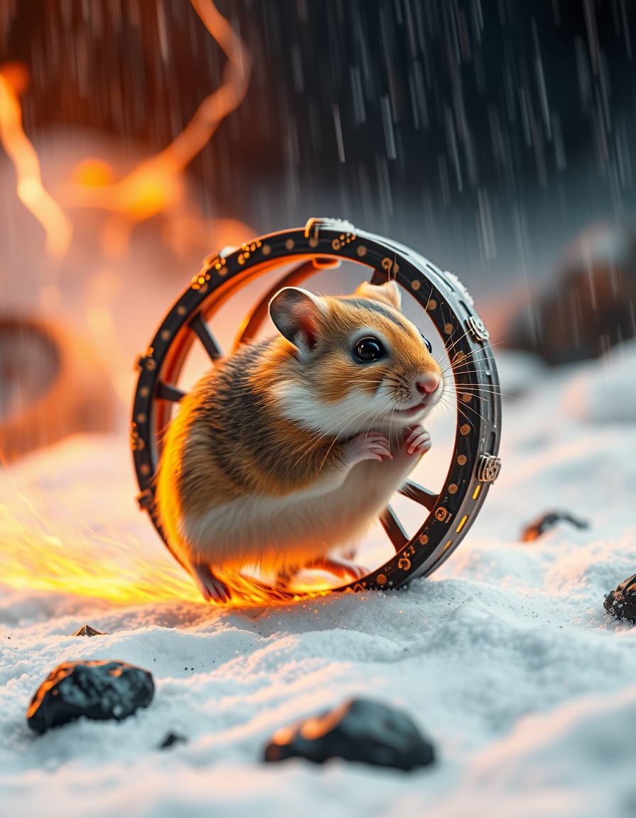 Main painting studio: a roborovski dwarf hamster running fast in his running wheel and there is lava and lighting and snow and rain