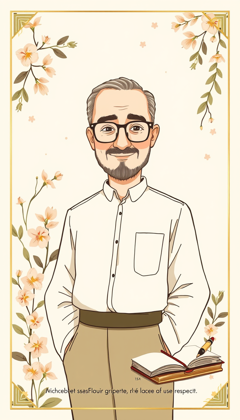 Greeting Cards idea: greeting card design, warm illustration, space for message, Luxury vertical gift card, ivory, beige, olive and gold. Monsieur Naserdin: tall, full rec