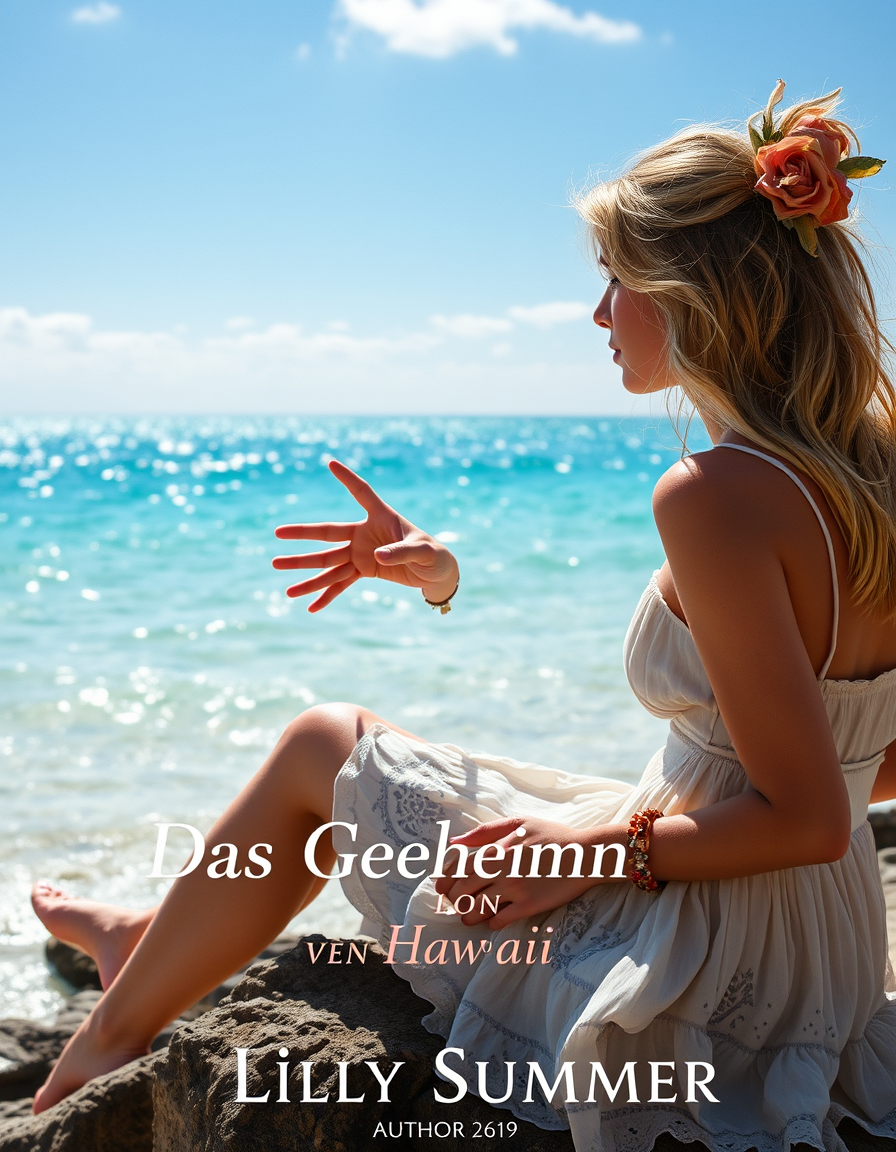 Book Covers idea: book cover composition, vertical 2:3 format, title-ready negative space at top, evocative subject, Ein türkises Meer, was im Sonnenlicht glänzt, auf e