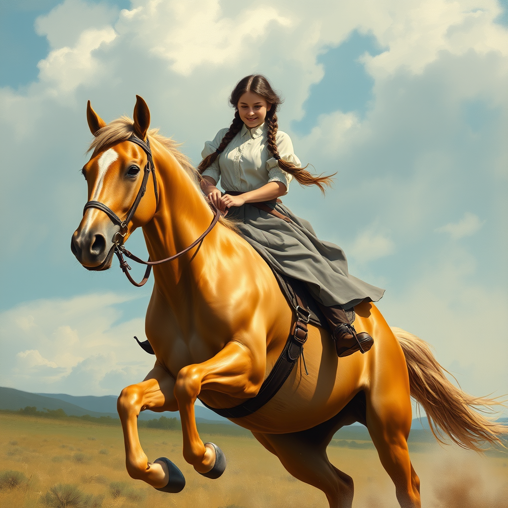 Book Covers idea: cover-ready concept art organized around genre, focal point, and title-safe space, deliberate composition, an 1800s smiling girl with two brown braids