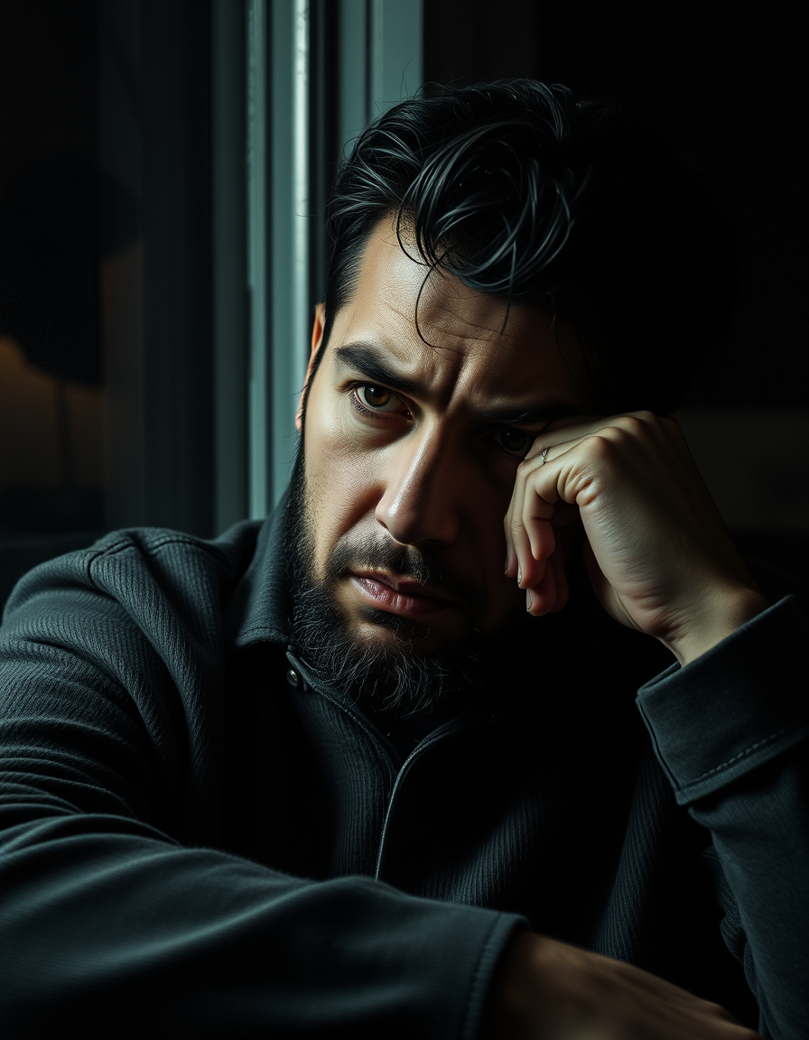 Main painting studio: a man feelin sad thinking about the life errors