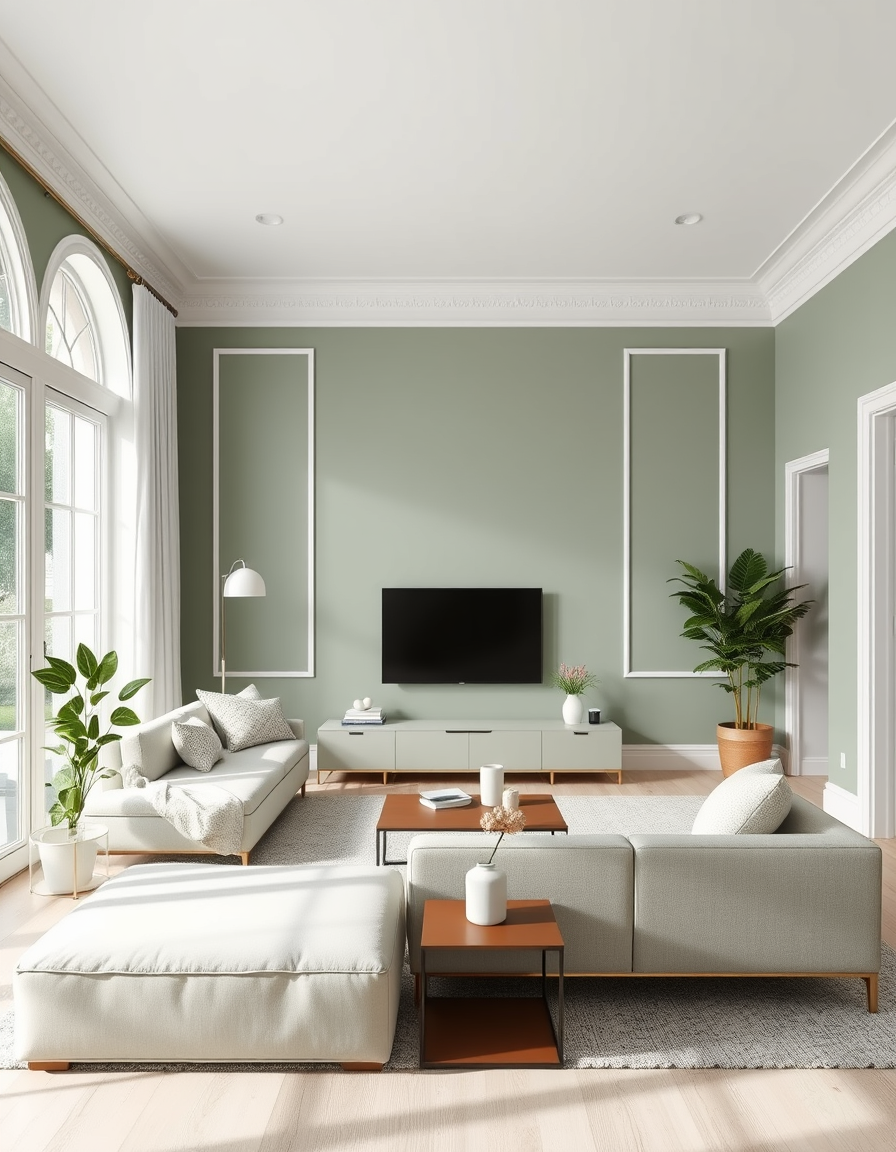 Paint Color idea: room repainted in a new wall color from the photo, accurate paint finish, photorealistic interior render, a living room with walls painted in sage gre