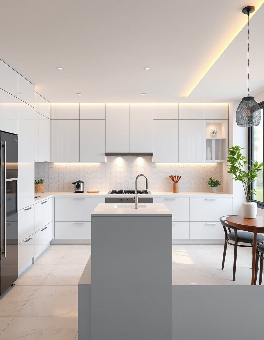 Kitchen Design idea: AI kitchen design, modern cabinetry countertops and lighting, photorealistic interior render, مطبخ نظام امريكي عرض 3.6 وطول 2.5 يوجد شباك بالوجه , kit
