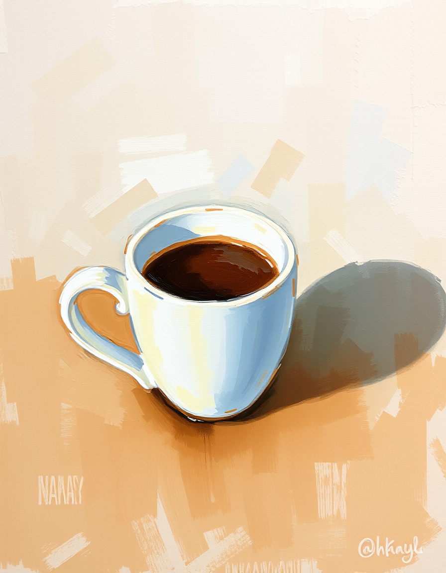 Main painting studio: impressionist coffee, mug, loose visible brushstrokes.