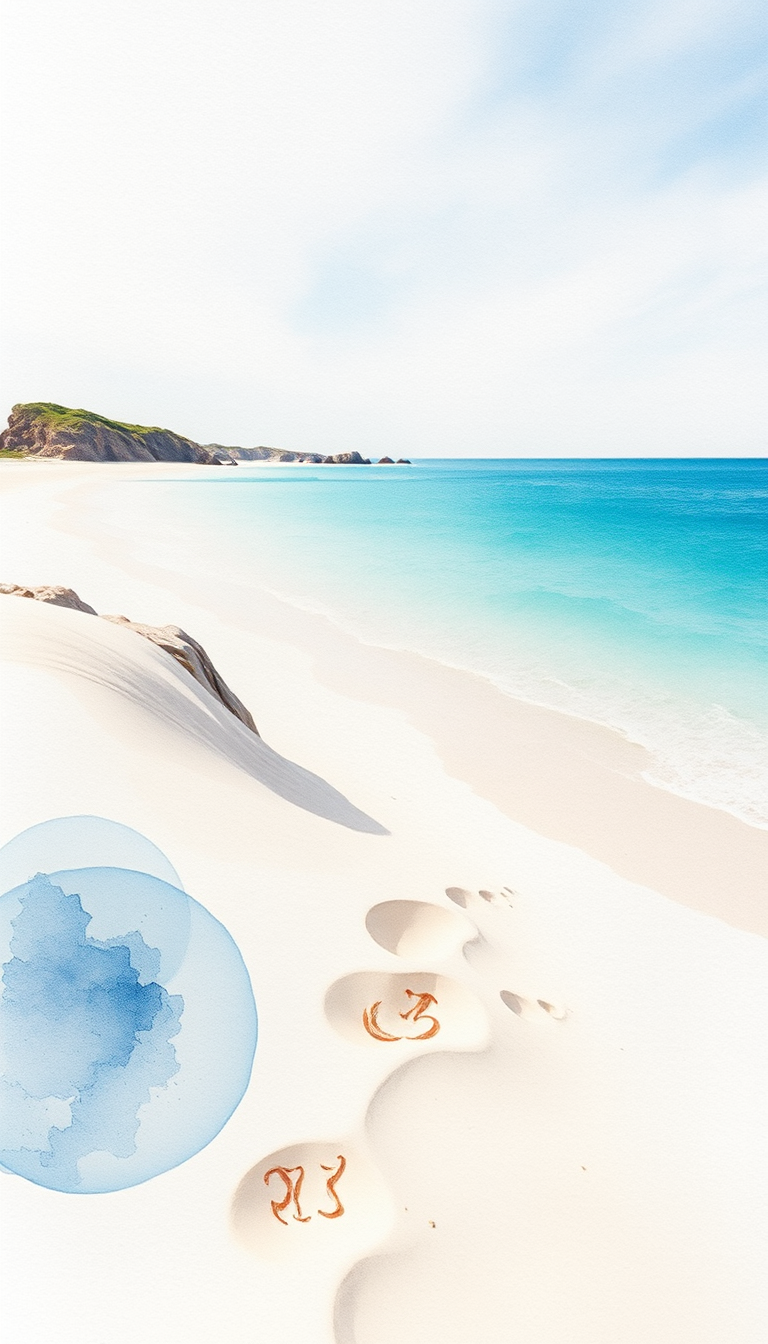 Picture Into Watercolor idea: turn picture into watercolor, transparent washes, paper texture, soft pigment edges, A beach vacation picture into watercolor, pale sand, turquoise wa