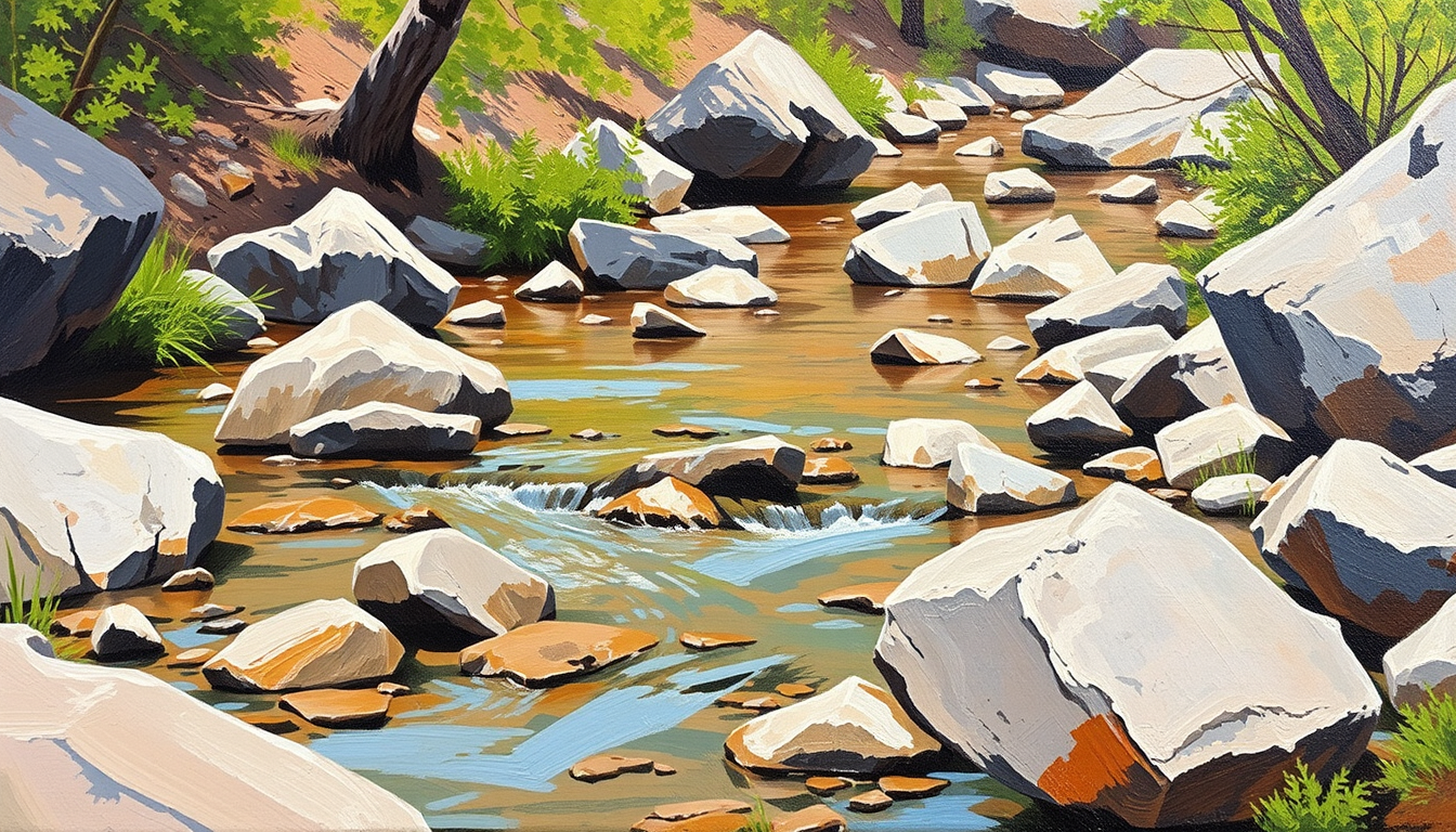 Photo To Oil Paintings idea: a photo repainted with layered color, directional strokes, and canvas texture, deliberate composition, summer brook, rocks , polished painting, cohere