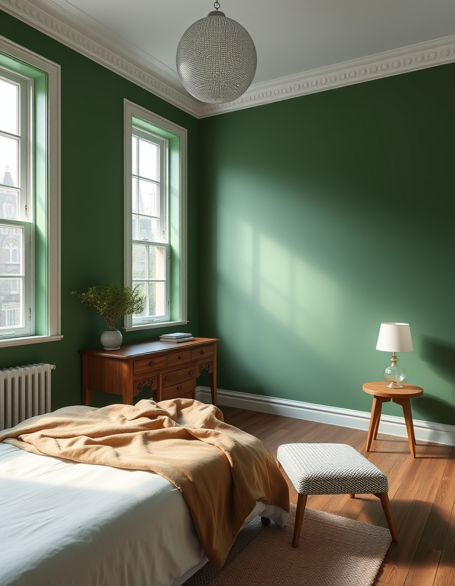 Paint Color idea: room repainted in a new wall color from the photo, accurate paint finish, photorealistic interior render, A small bedroom with 2 windows painted wall 