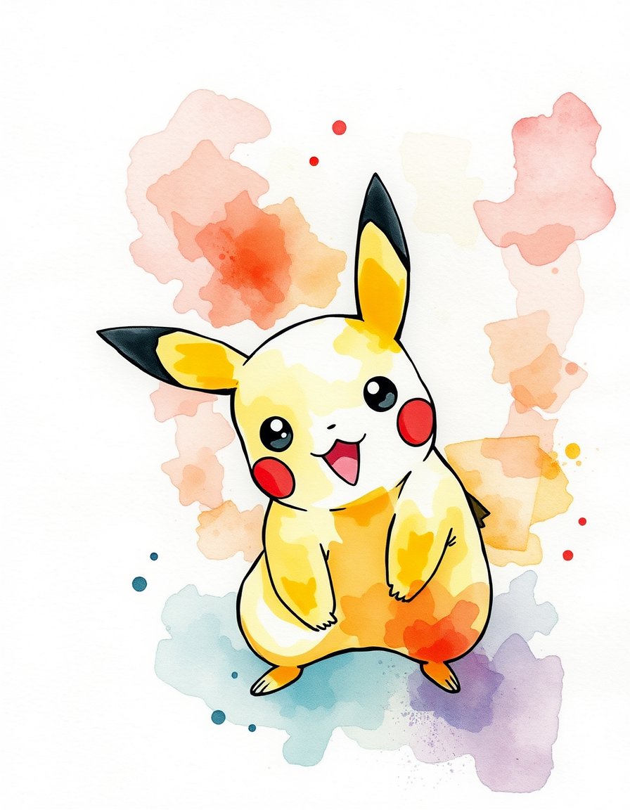 Picture Into Watercolor idea: turn picture into watercolor, transparent washes, paper texture, soft pigment edges, pikachu , delicate watercolor painting, luminous color, hand-pain