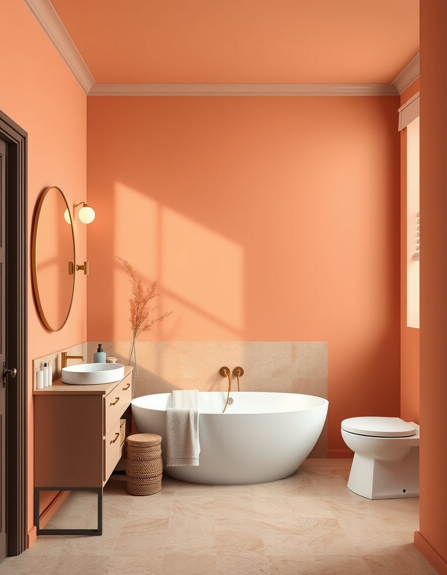 Paint Color idea: room repainted in a new wall color from the photo, accurate paint finish, photorealistic interior render, a bathroom with terracotta walls, matte fini