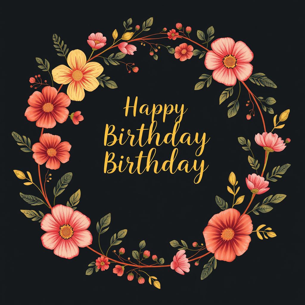 Birthday Cards idea: birthday card design, cheerful festive artwork, space for greeting, elegant floral wreath with gold lettering, botanical illustration , printable birt