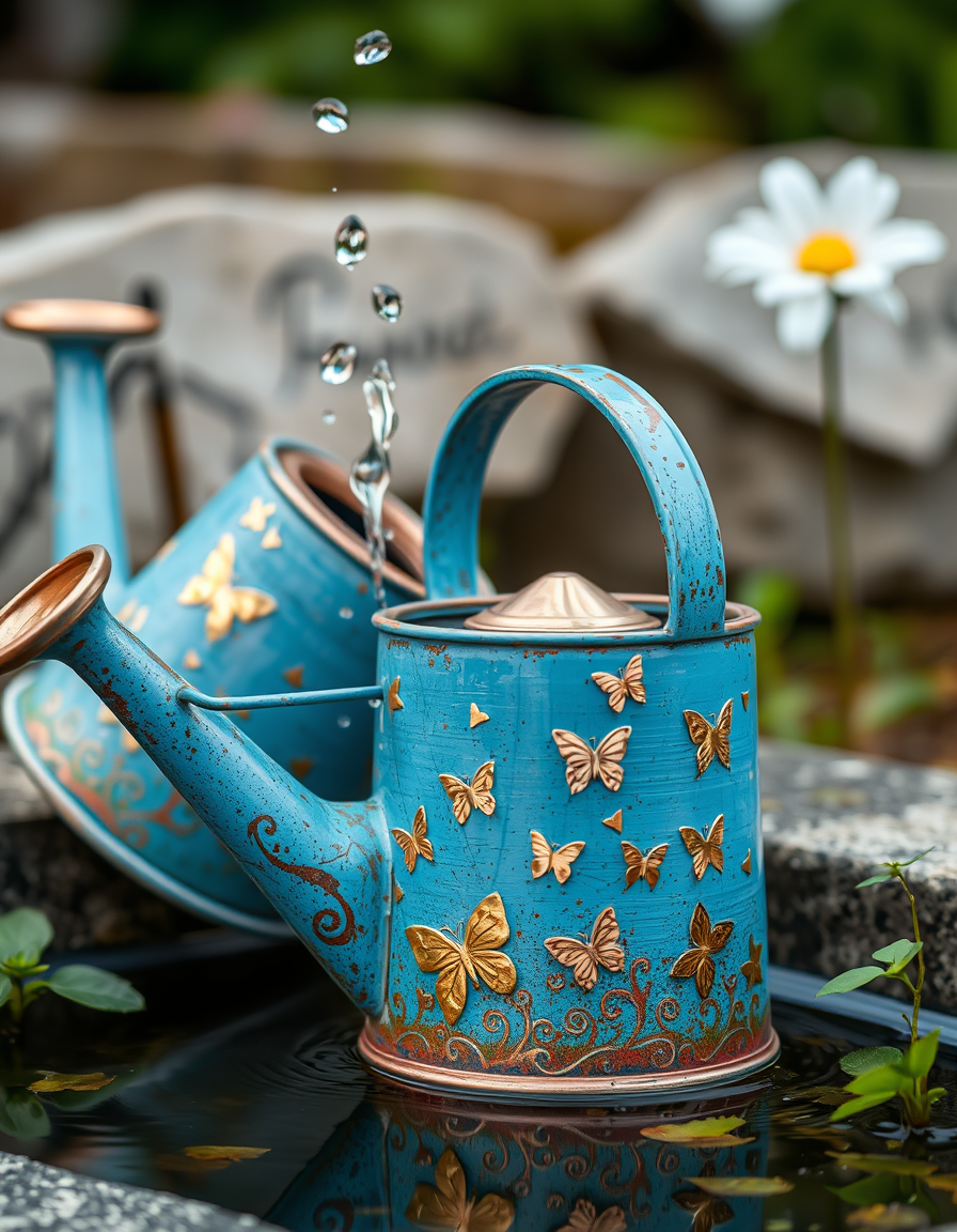 Main painting studio: a watering cans which have copper at some part, but at where it carrying water, it have blue paint and small golden butterflies shapes