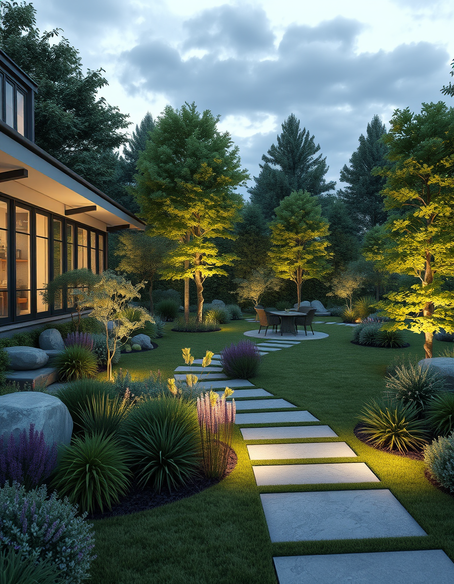 Landscape Design idea: AI landscape design, yard layout plants hardscape and lighting, photorealistic render, het perceel is 36 meter bij 129 meter. Centraal wil ik een gril