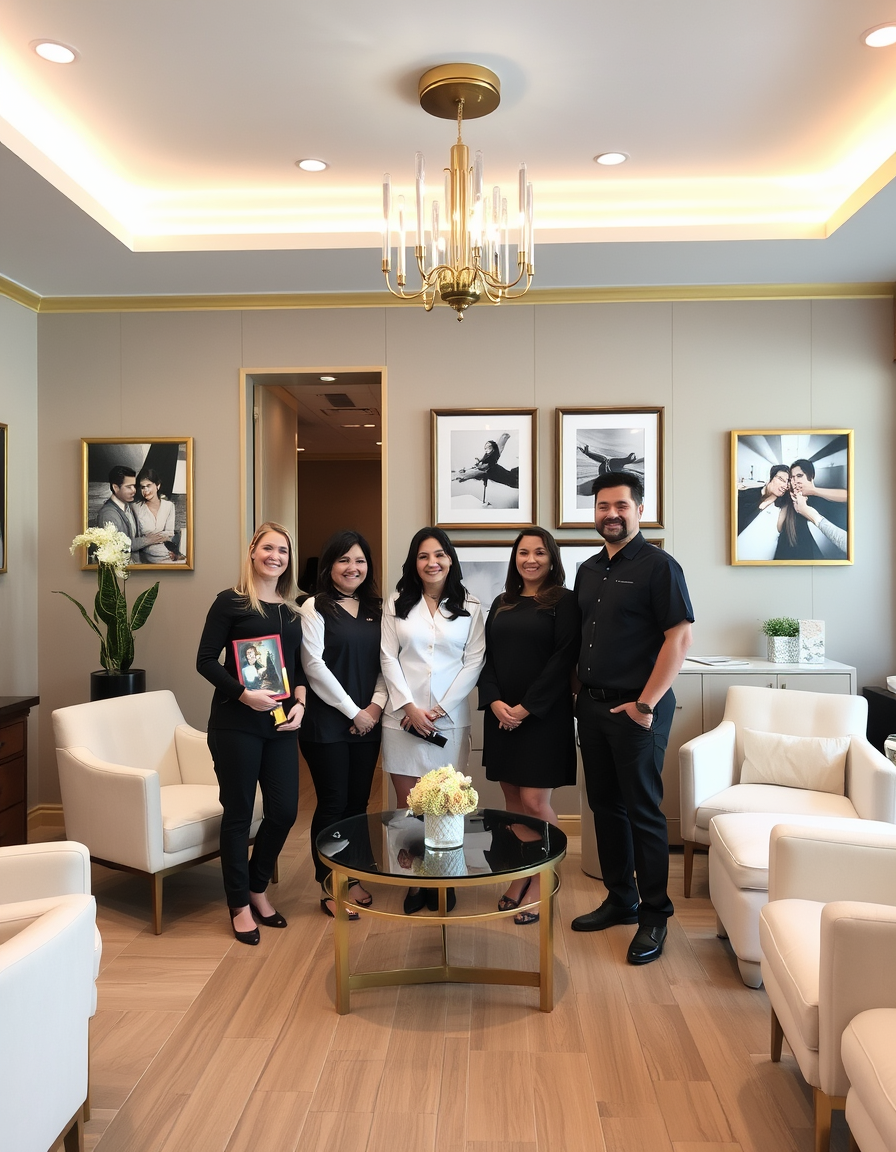Main painting studio: luxury high end medspa with gold accents and transitional decor introducing staff pictures to customers