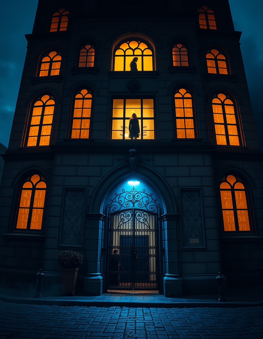 Main painting studio: Vertical book cover, psychological horror thriller. Low-angle view of a towering Gothic stone bank at night, arched windows glowing cold amber, facade