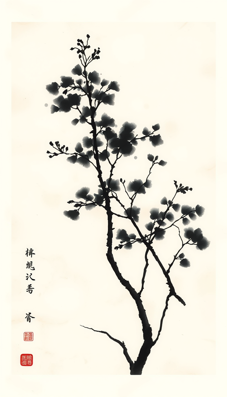 Ink Paintings idea: ink painting, sumi-e, Chinese brush painting, minimalist brushwork, 红色纵向泼墨背景，占图50%，其余留白 , traditional East Asian ink wash painting