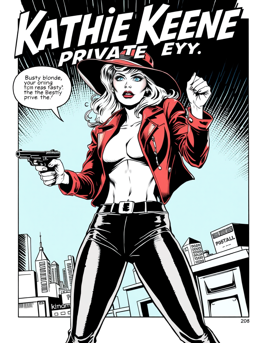 Comic Art idea: comic art, bold ink lines, halftone shading, dynamic composition, Splash page titled Kathie Keene, Private Eye. comic art, bold ink lines, halftone sh