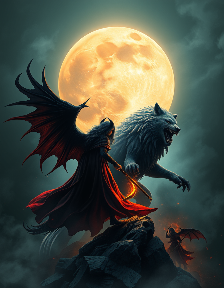 Book Covers idea: book cover composition, vertical 2:3 format, title-ready negative space at top, evocative subject, high fantasy hexe sonne vampir werwolf , print-read